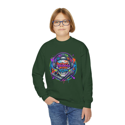 Youth Crewneck Sweatshirt — Neon spray paint rebel Skull 'Rebel With A Cause' Graphic