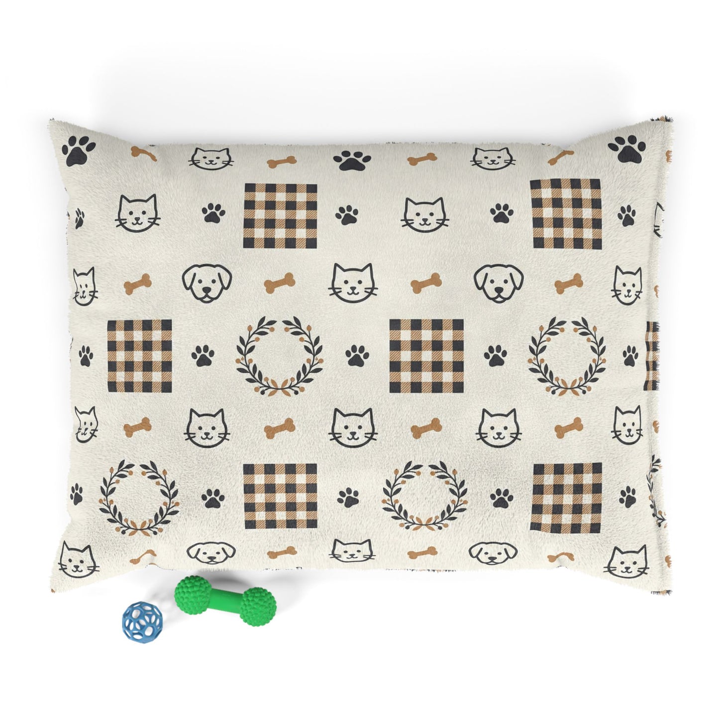Plaid Paws Plush Pet Bed — Cozy Dog & Cat Cushion with Paw, Bone and Wreath Pattern