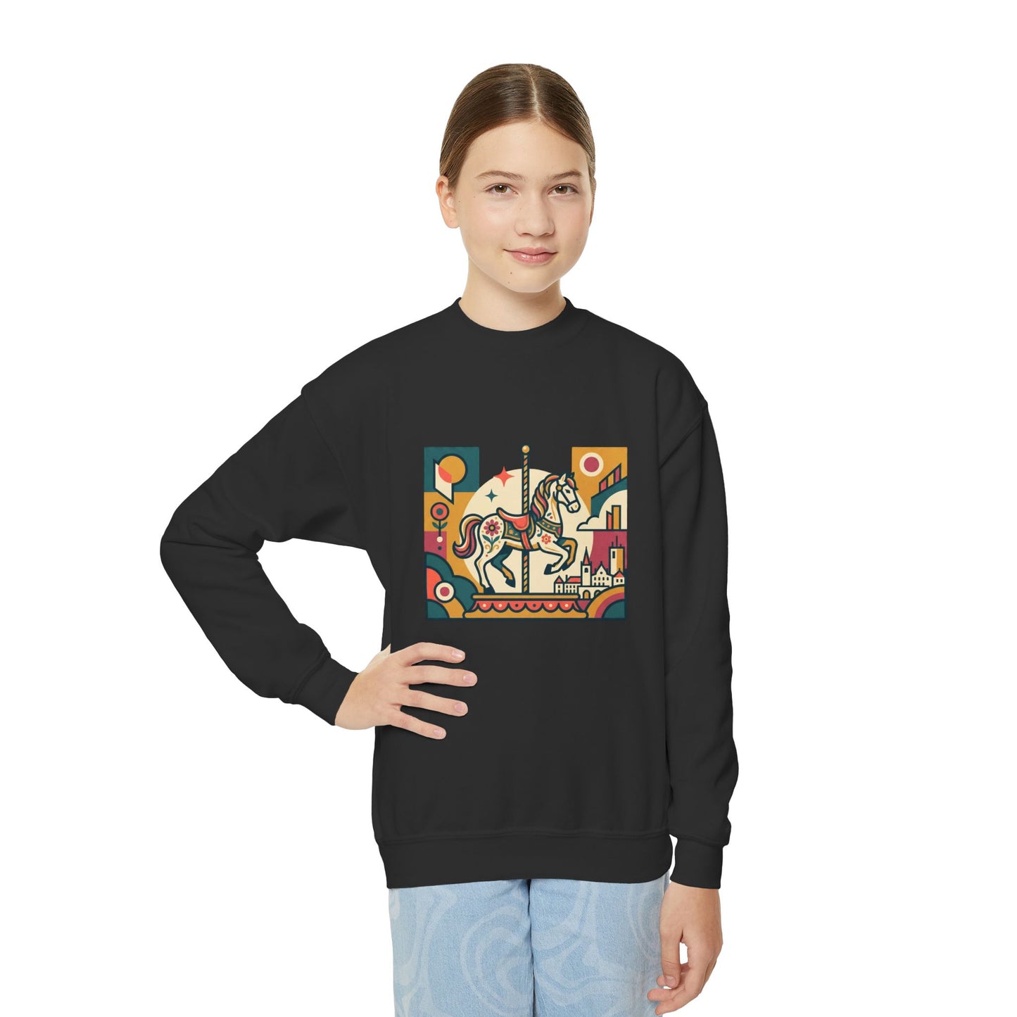 Youth Crewneck Sweatshirt — Retro Carousel Horse Graphic