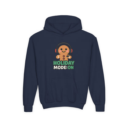 Youth Hoodie — 'Holiday Mode On' Gingerbread Headphone Christmas Sweatshirt