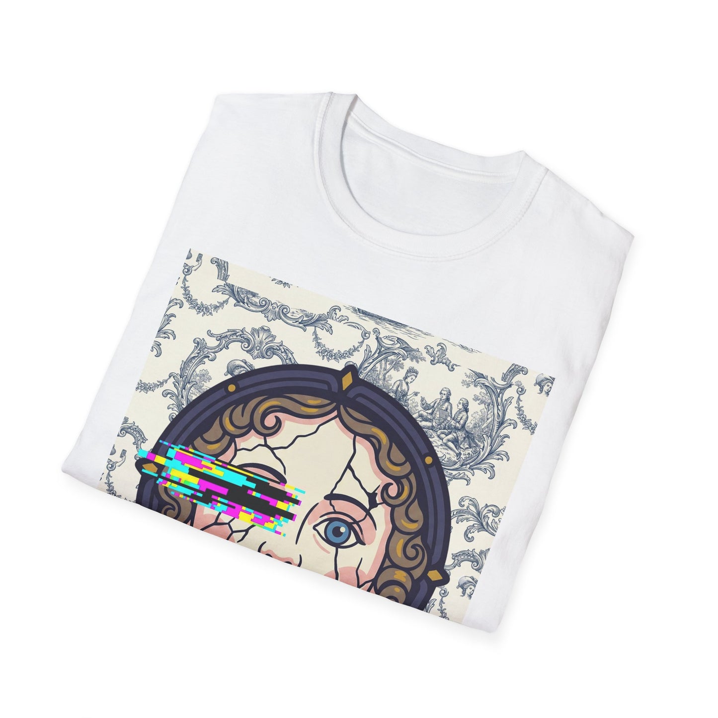Glitch retro cracked porcelain doll face- Rococo Smartphone Toile - T-Shirt — Retro Mythology Art Tee