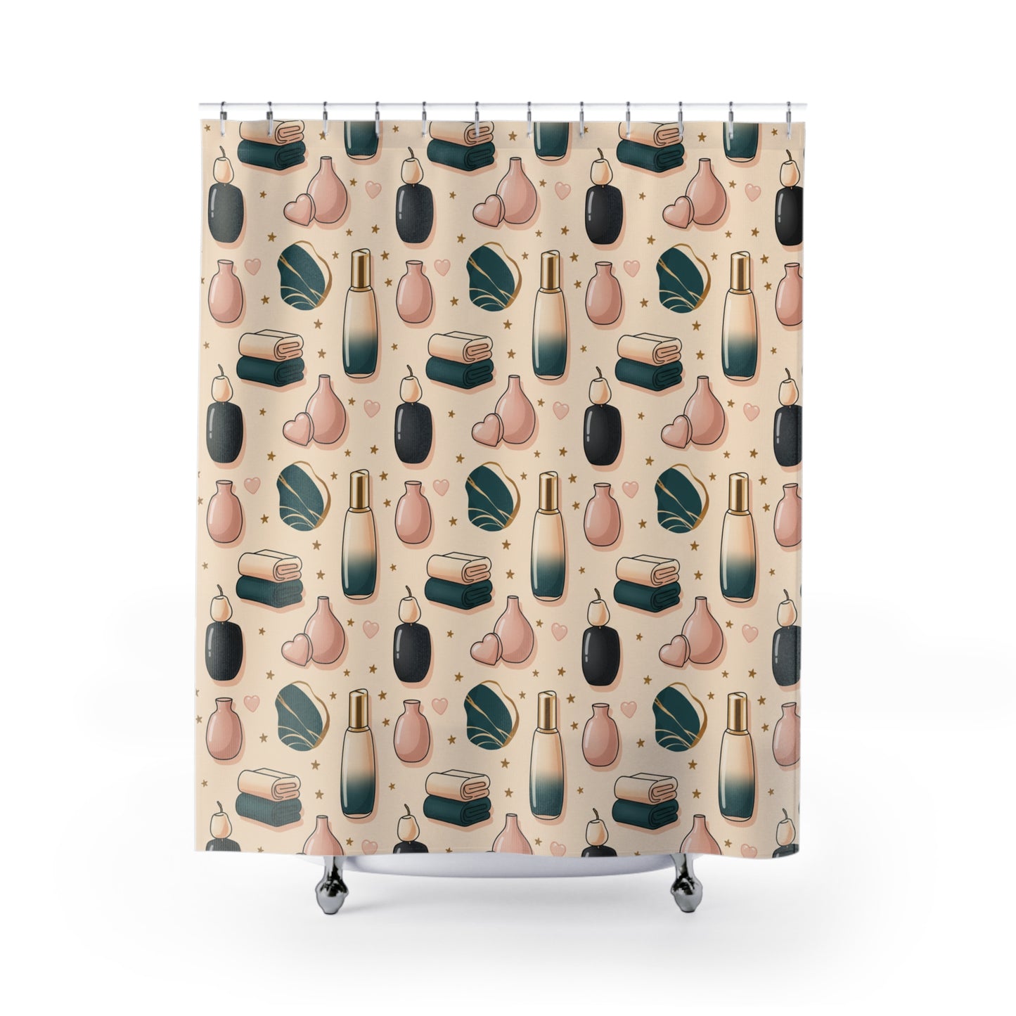Spa Bathroom Shower Curtain — Relaxing Bath Icons Pattern (Candles, Towels, Bottles) (free shipping)