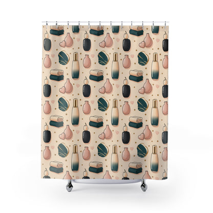 Spa Bathroom Shower Curtain — Relaxing Bath Icons Pattern (Candles, Towels, Bottles) (free shipping)