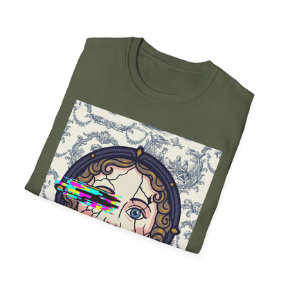Glitch retro cracked porcelain doll face- Rococo Smartphone Toile - T-Shirt — Retro Mythology Art Tee