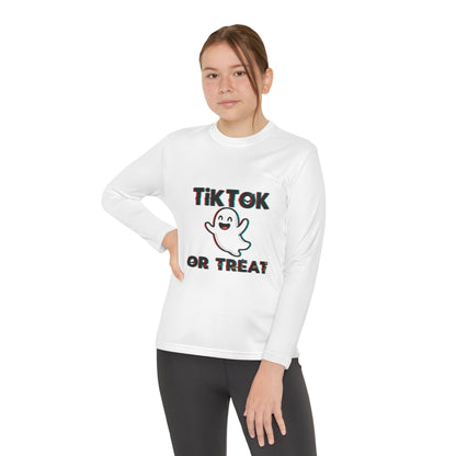 TikTok Halloween Long Sleeve Tee, Youth Costume Shirt, Spooky Apparel, Trick or Treat Top, Youth Ghost Halloween Shirt