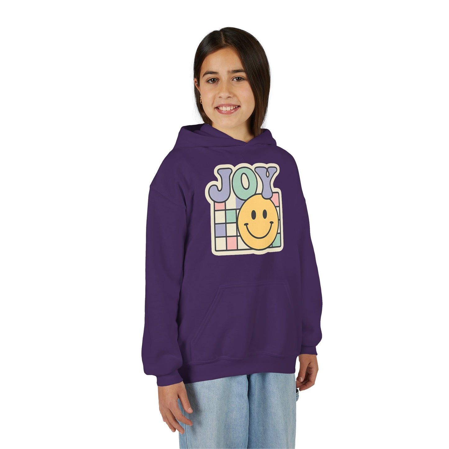 Girls Youth Hoodie – Retro 'JOY' Smiley Graphic Kids Sweatshirt