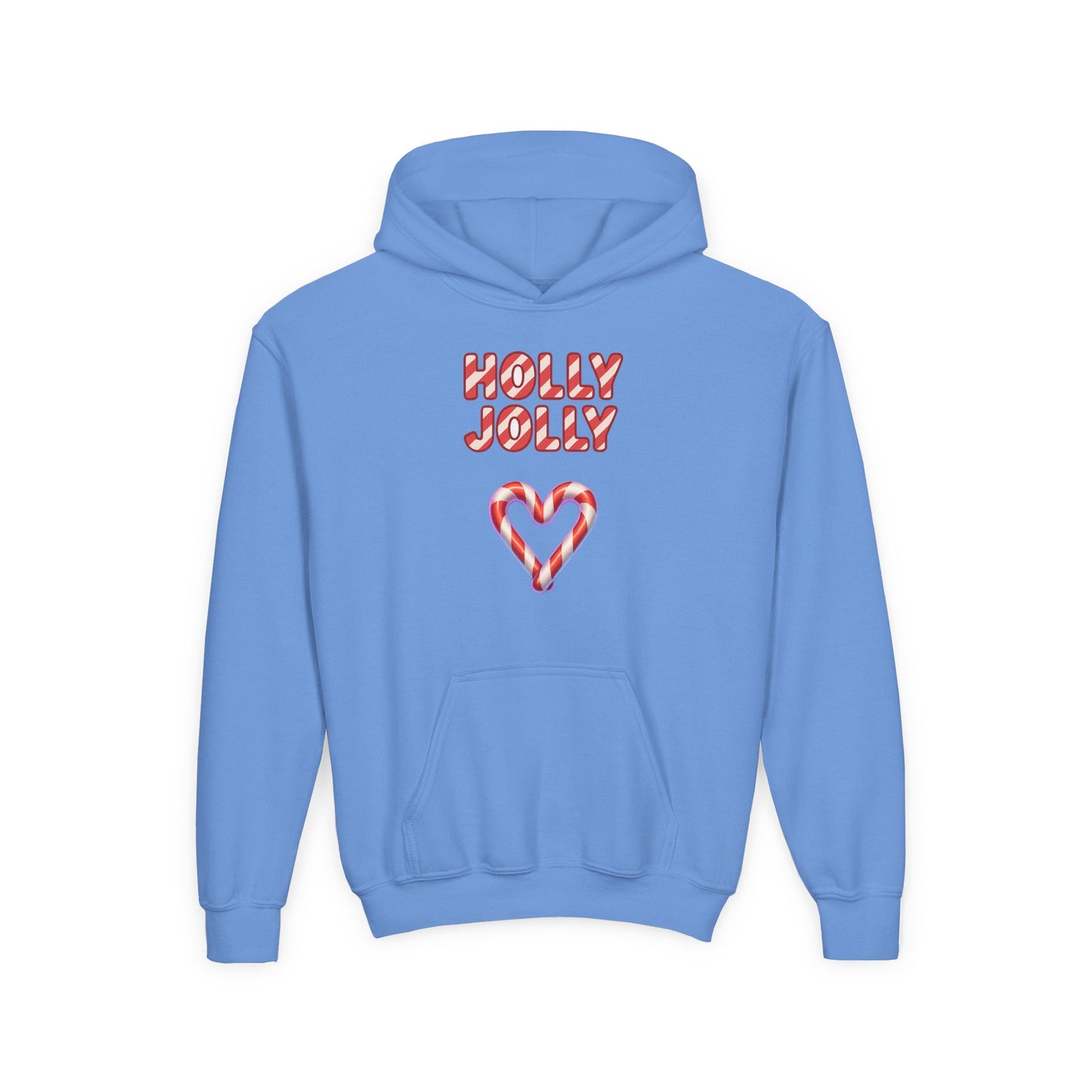 Youth Hoodie — "Holly Jolly" Candy Cane Heart Christmas Sweatshirt