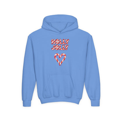 Youth Hoodie — "Holly Jolly" Candy Cane Heart Christmas Sweatshirt