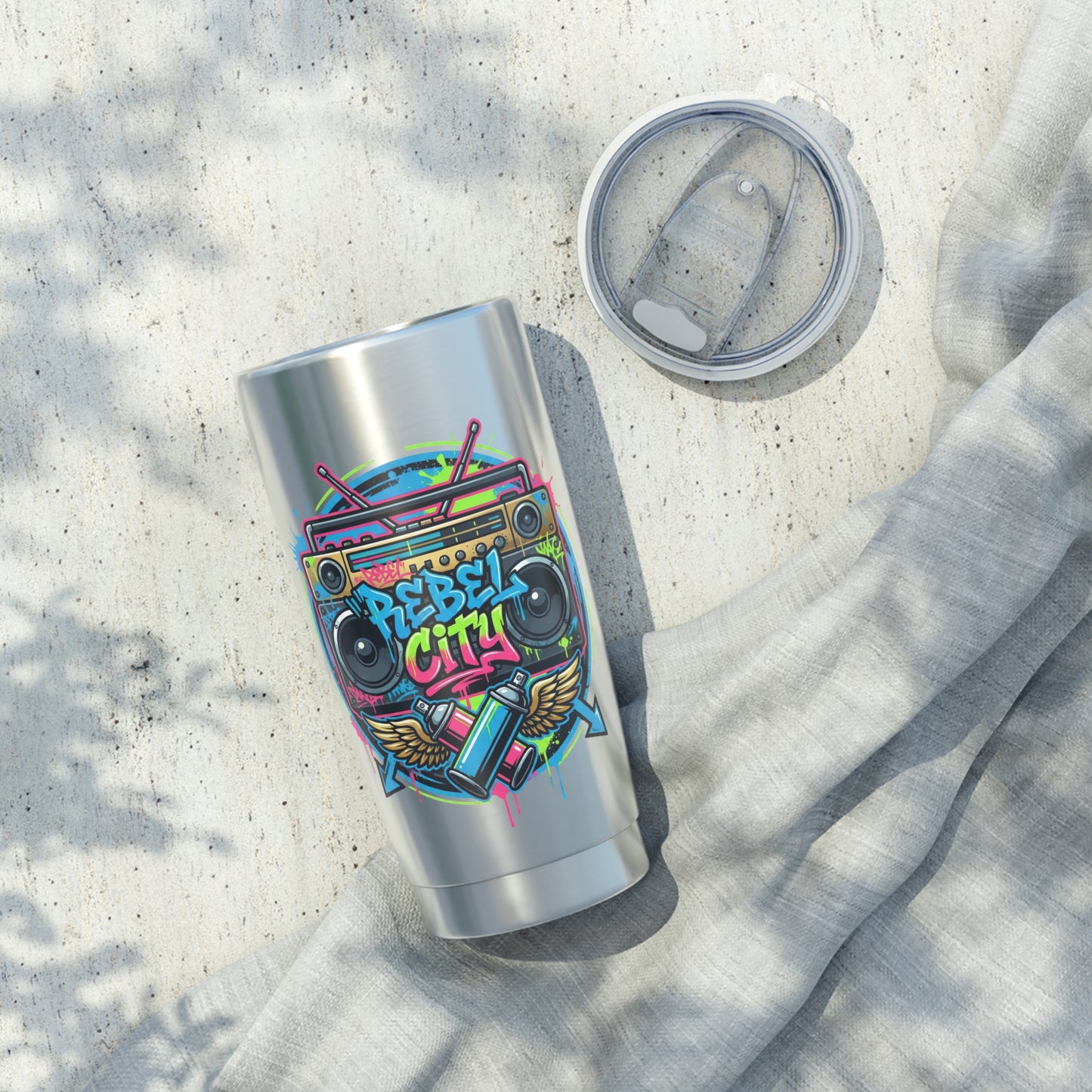 20oz Tumbler — Stainless Steel Travel Cup- 'Rebel City' neon spray paint