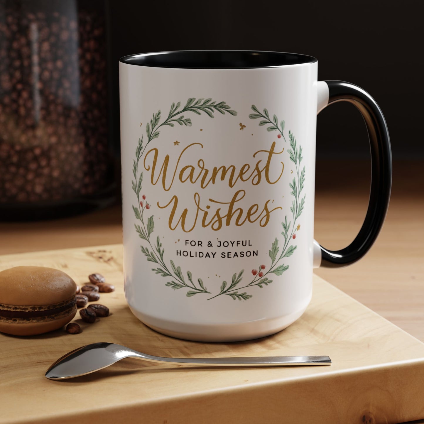 Warmest Wishes Holiday Coffee Mug — Festive Wreath Accent Mug (11/15oz)