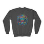 Youth Crewneck Sweatshirt — Vibrant Retro Boombox “Rebel With” spray paint Graphic