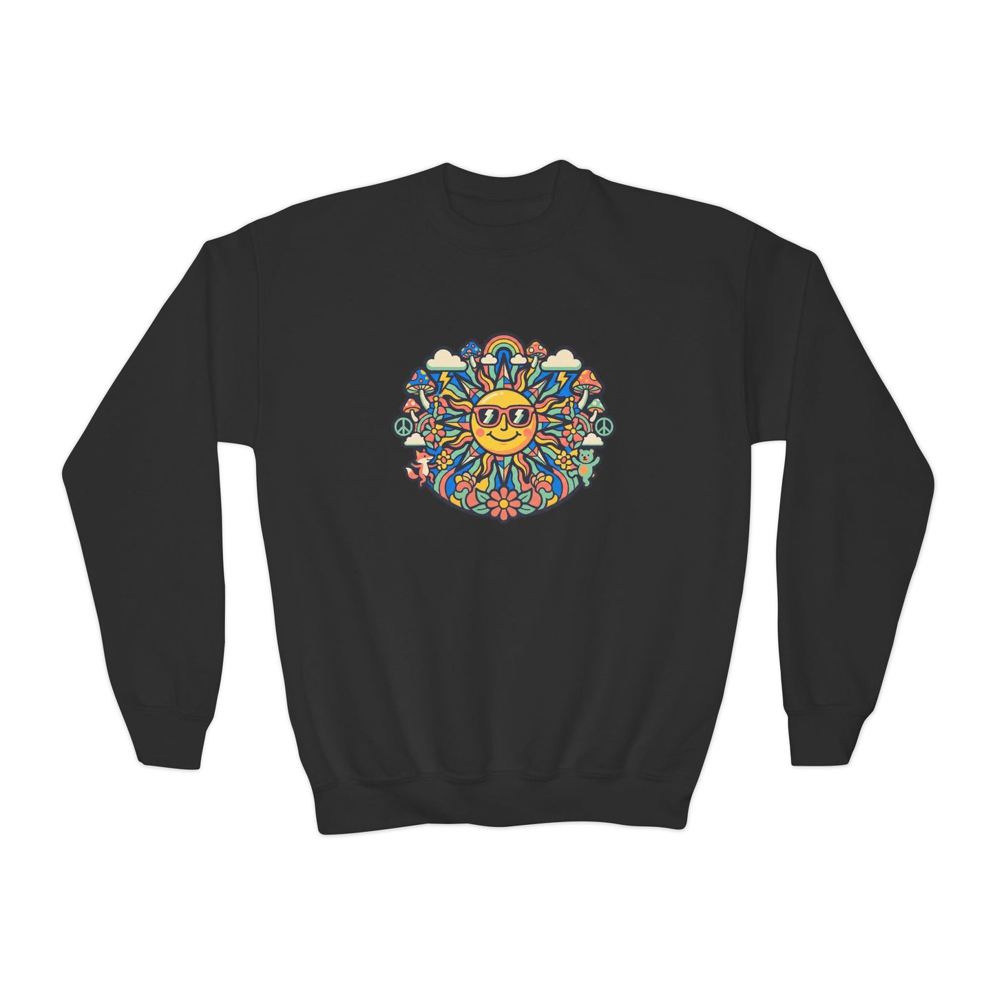 Youth Y2K Aesthetic - Crewneck Sweatshirt — Colorful Retro Sun & Floral Graphic