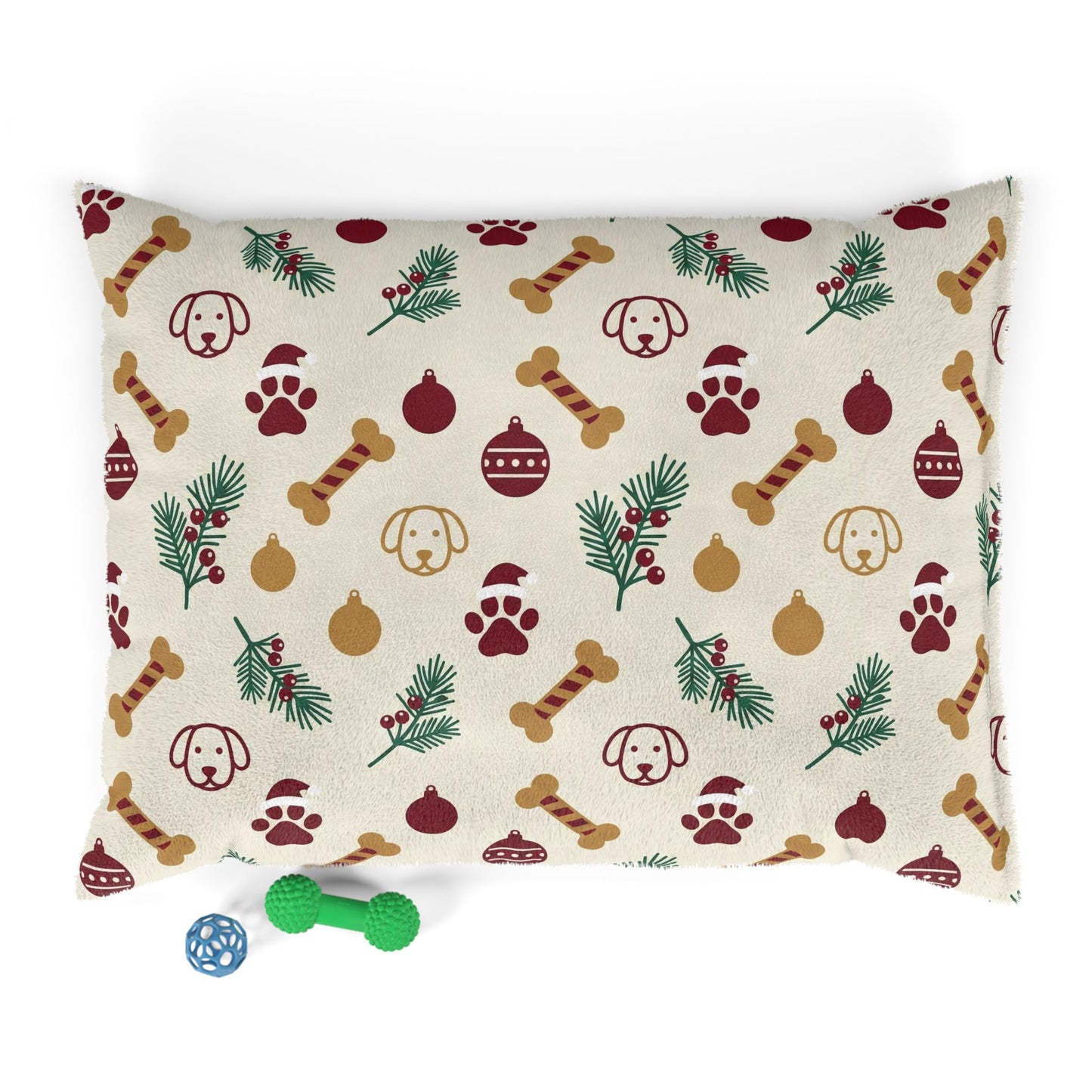 Holiday Paw Print Pet Bed — Christmas Dog Bone & Ornament Pattern