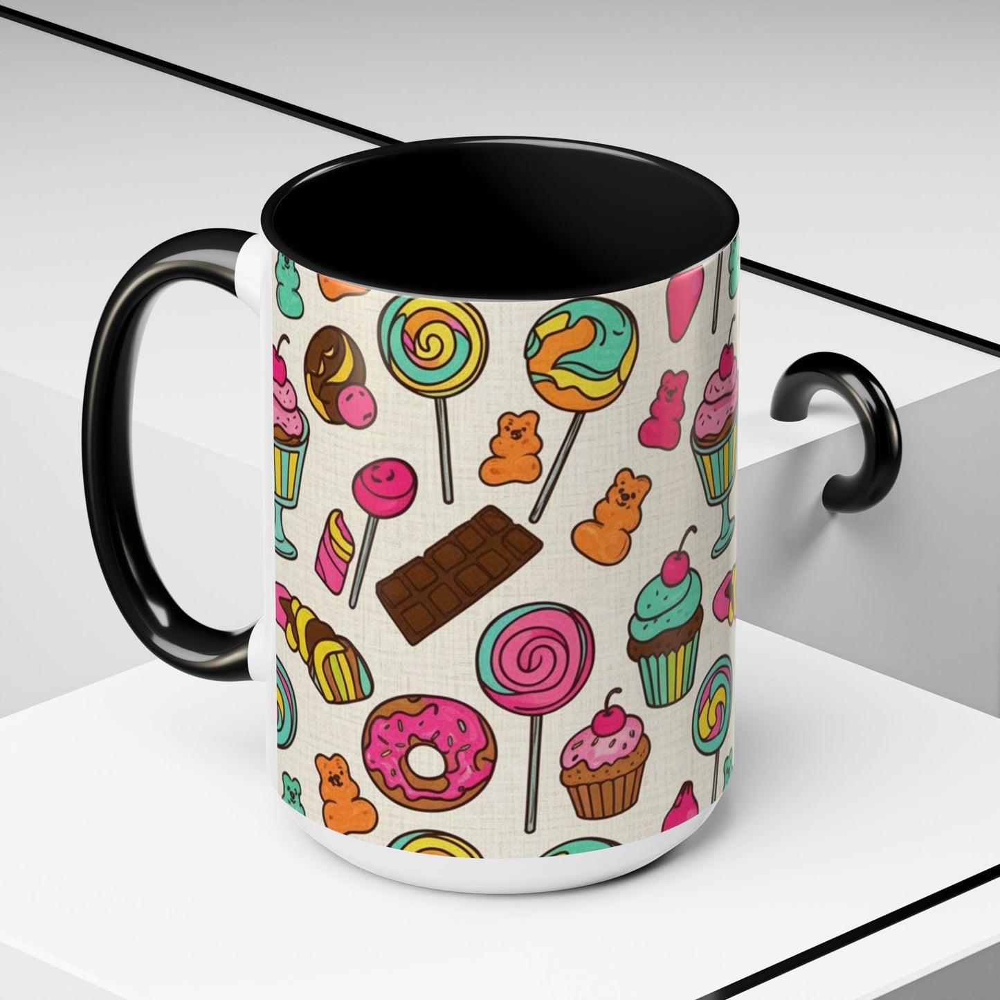 Sweet Treats Coffee Mug — Colorful Candy & Dessert Pattern Accent Mug (11/15oz)