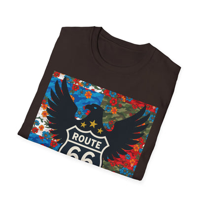 Route 66 Made in USA T-Shirt — Vintage Eagle Floral Roadtrip Tee- camo flower combo T-shirt