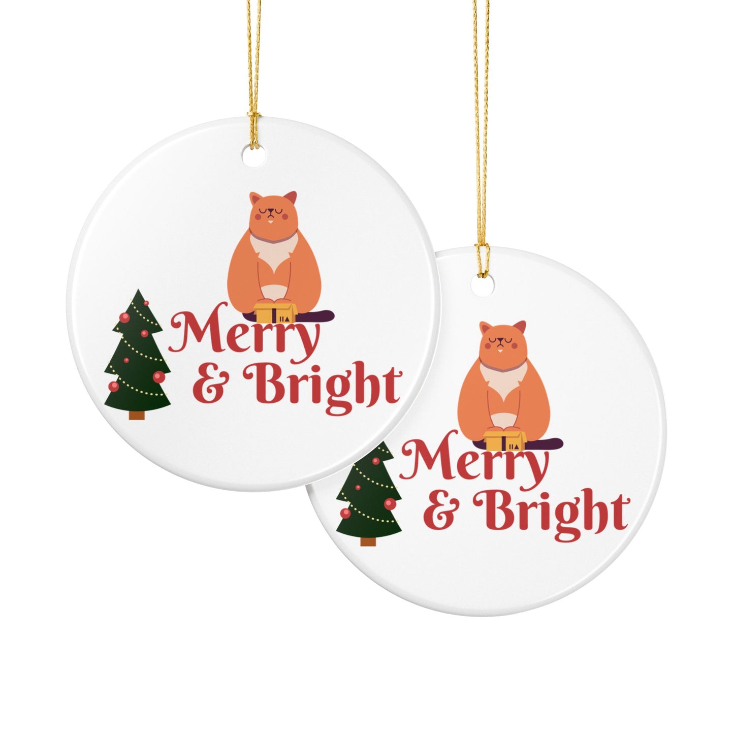 Merry & Bright Cat Ceramic Ornament — Cute Christmas Tree Holiday Decoration