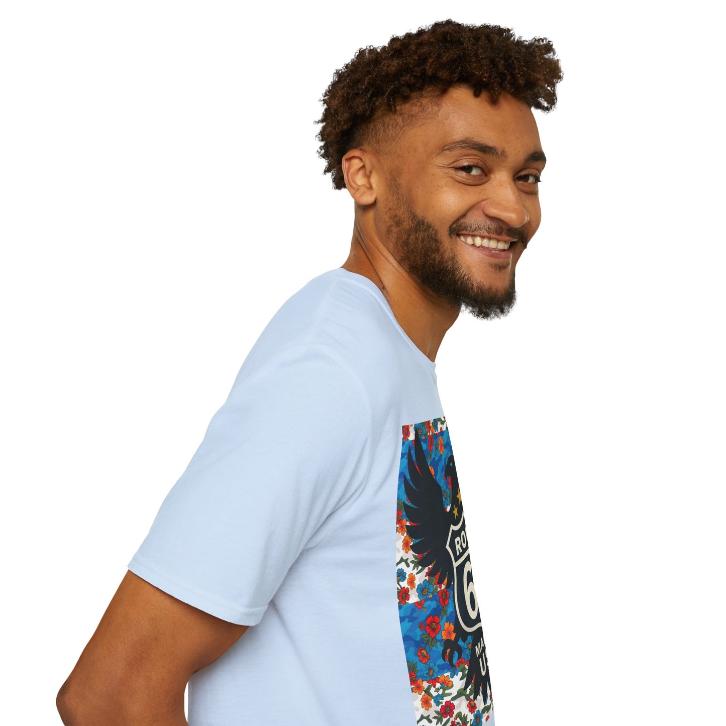 Route 66 Made in USA T-Shirt — Vintage Eagle Floral Roadtrip Tee- camo flower combo T-shirt