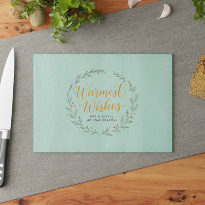 Glass Cutting Board — "Warmest Wishes" Holiday Wreath Decorative Cutting Board
