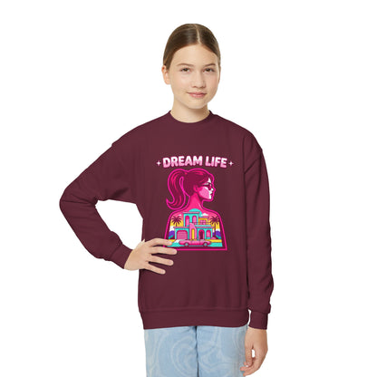 “Dream Life” girls “Barbie style” Youth Crewneck Sweatshirt — Retro Sunset Girl Graphic