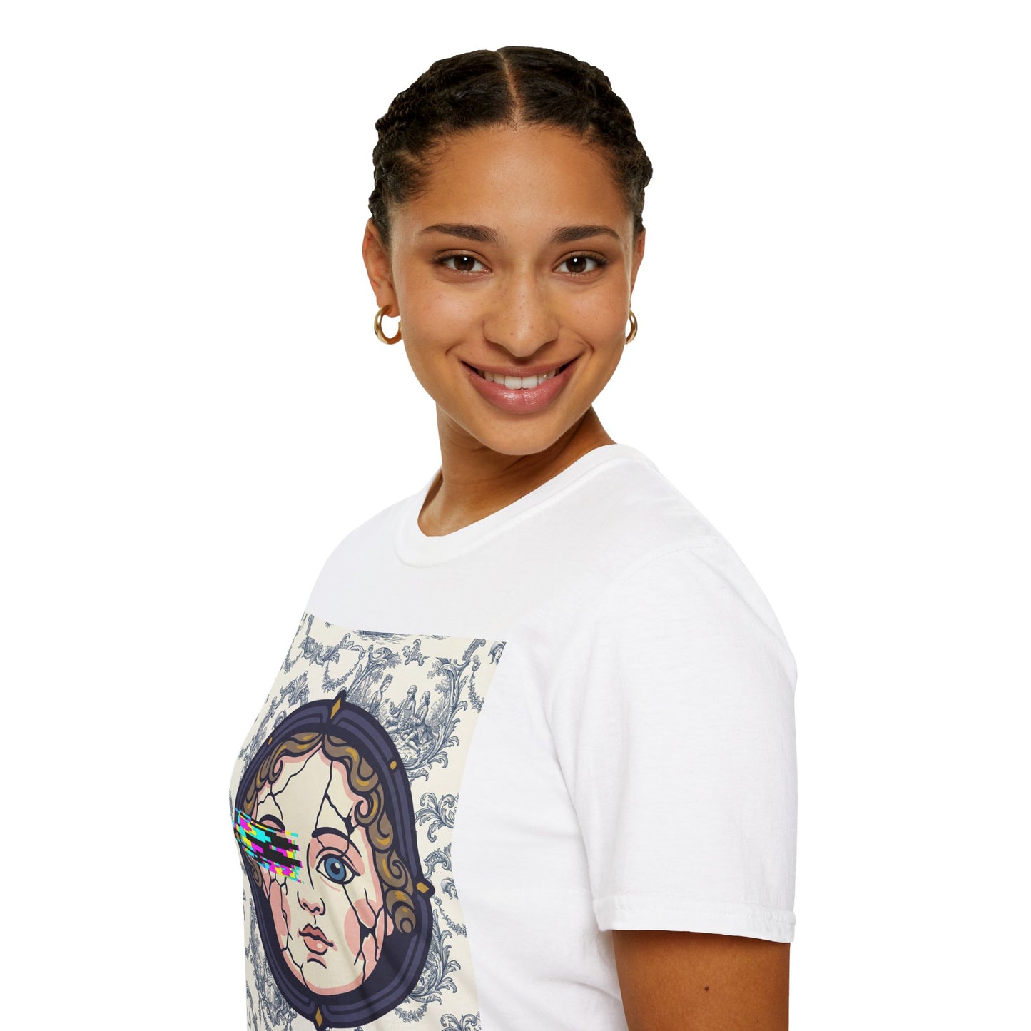 Glitch retro cracked porcelain doll face- Rococo Smartphone Toile - T-Shirt — Retro Mythology Art Tee