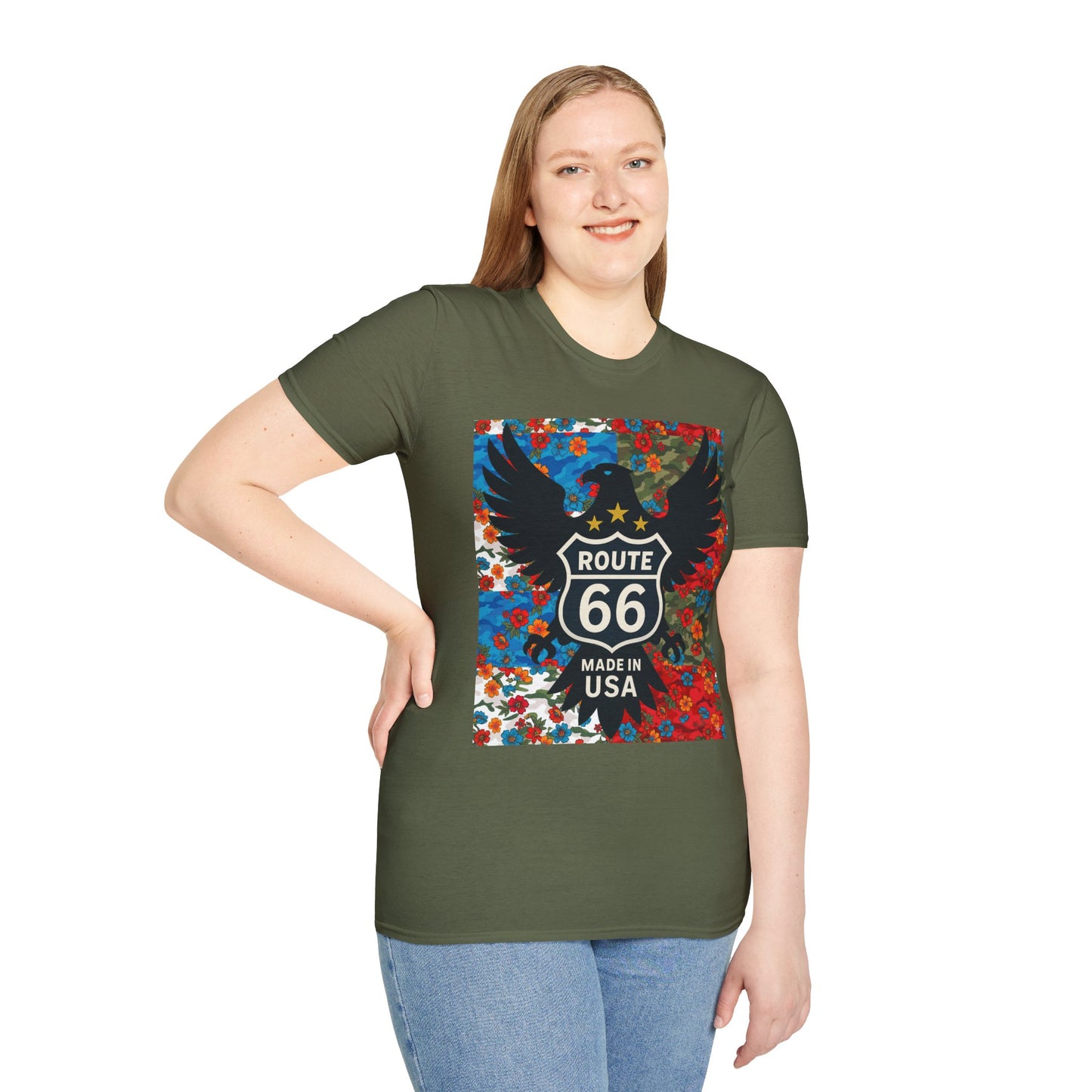 Route 66 Made in USA T-Shirt — Vintage Eagle Floral Roadtrip Tee- camo flower combo T-shirt