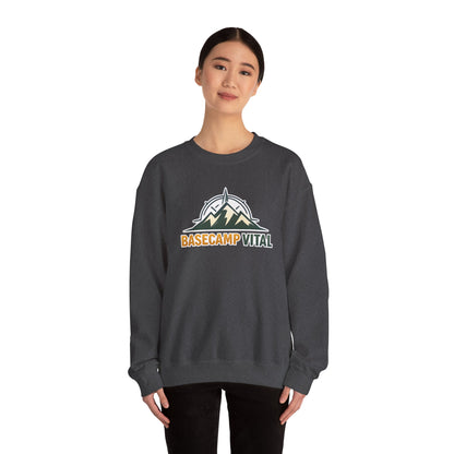 Base Camp Vital Mountain Embroidered Crewneck Sweatshirt | Cozy Hiking & Camping Pullover | 50/50 Midweight  Vital Mountain Crewneck Sweatshirt — Outdoor Adventure Logo Pullover (free shipping)