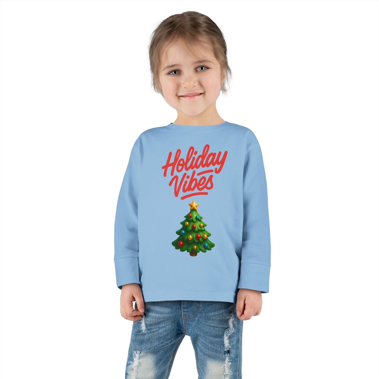 Holiday Vibes unisex Toddler Long Sleeve Tee – Cute Christmas Tree Kids Shirt