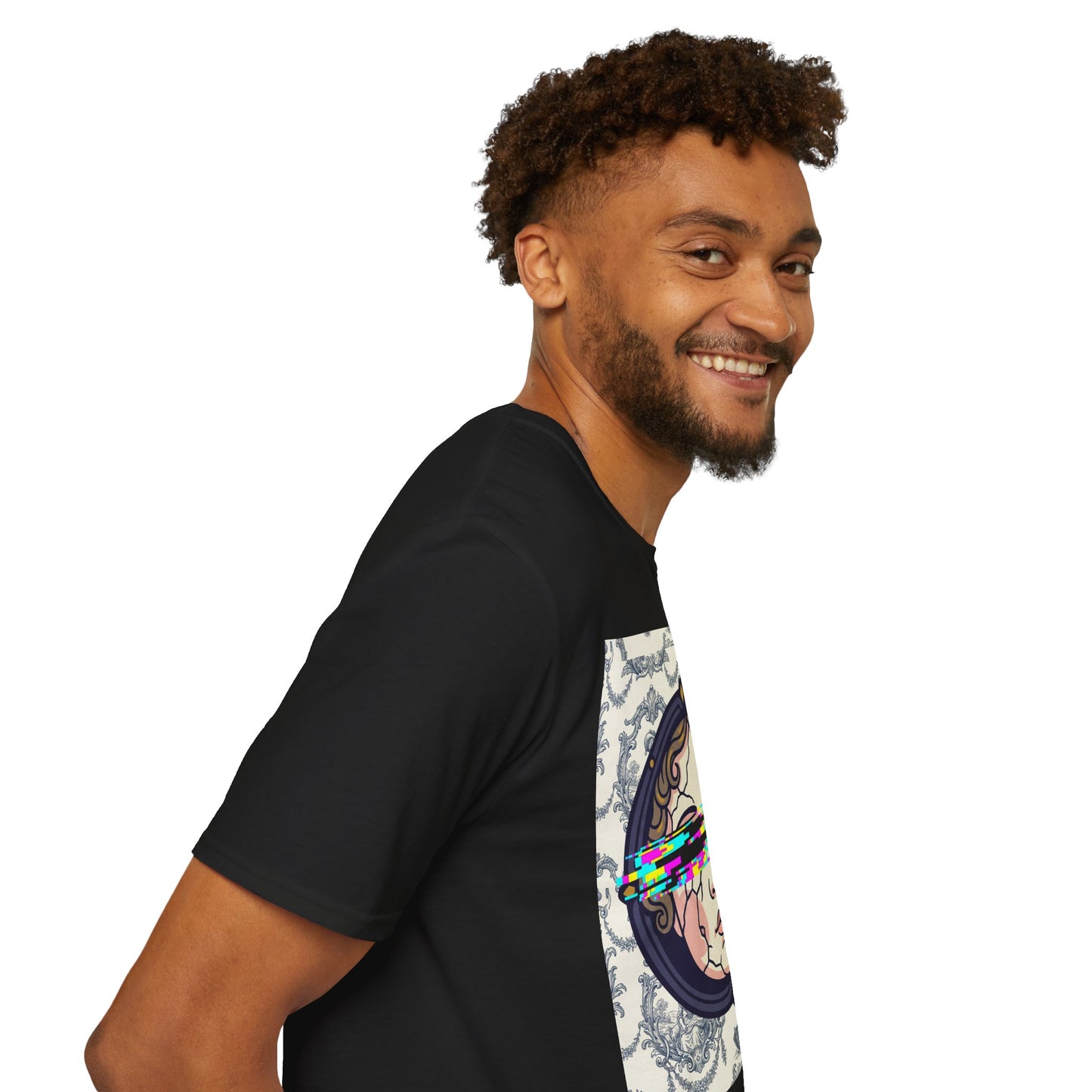 Glitch retro cracked porcelain doll face- Rococo Smartphone Toile - T-Shirt — Retro Mythology Art Tee