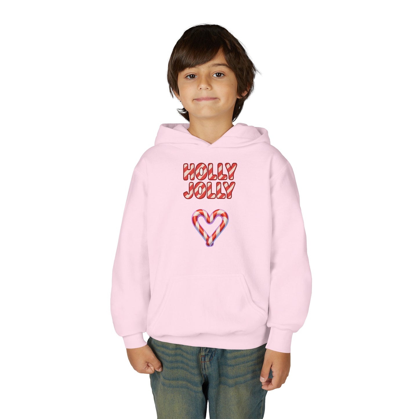 Youth Hoodie — "Holly Jolly" Candy Cane Heart Christmas Sweatshirt