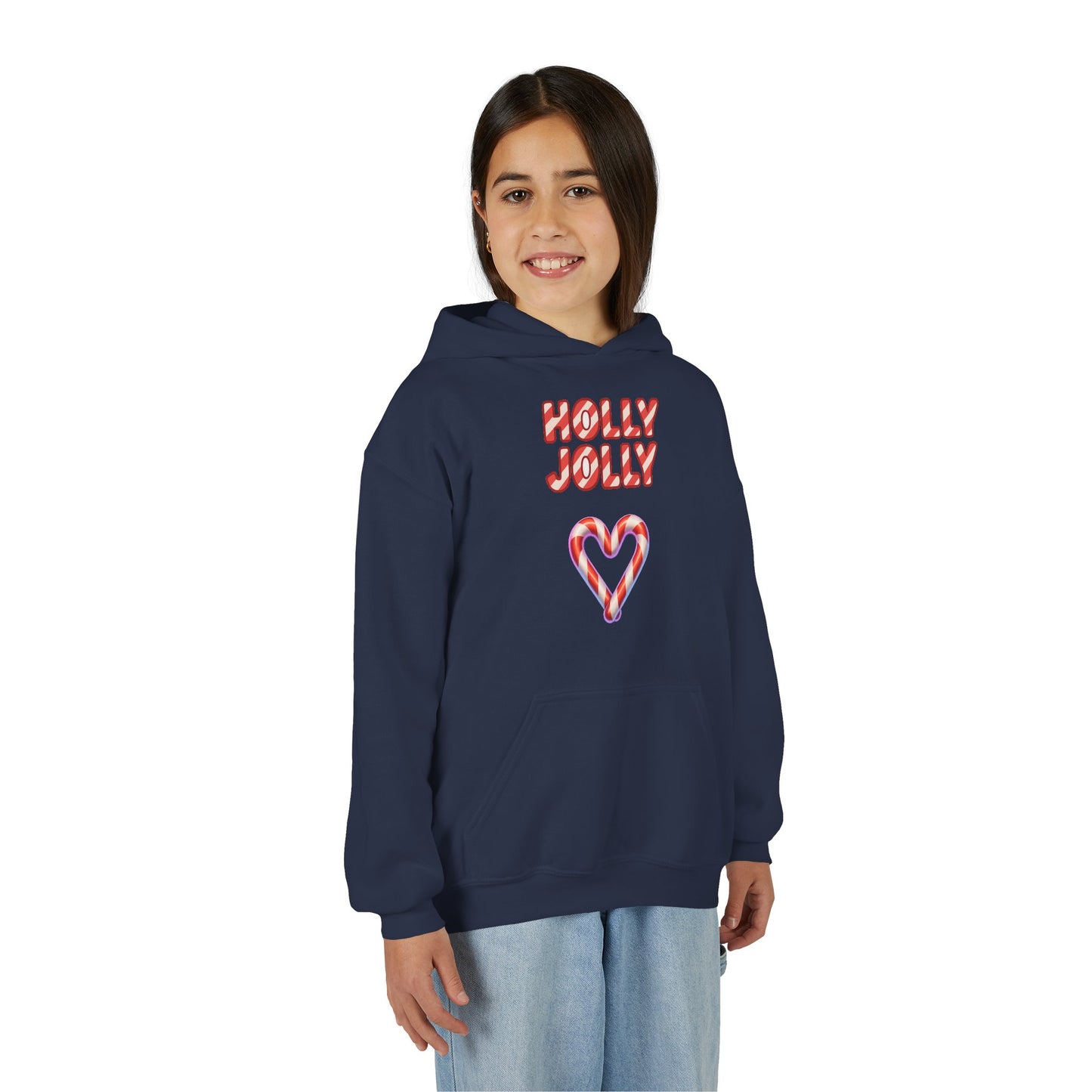 Youth Hoodie — "Holly Jolly" Candy Cane Heart Christmas Sweatshirt
