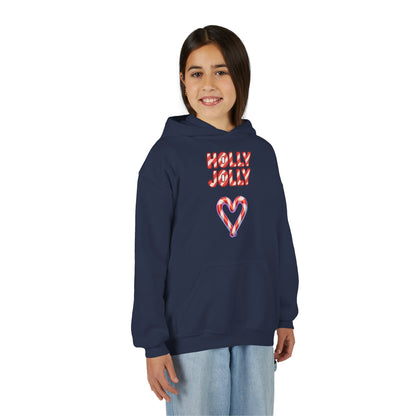 Youth Hoodie — "Holly Jolly" Candy Cane Heart Christmas Sweatshirt