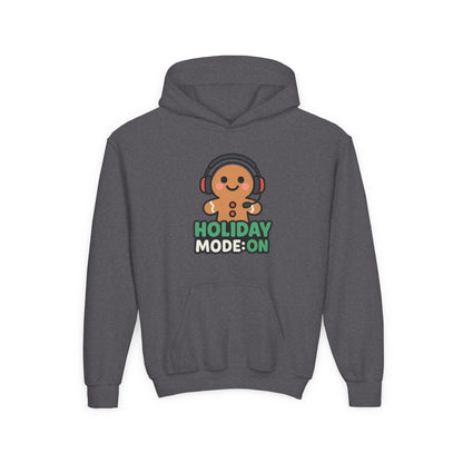 Youth Hoodie — 'Holiday Mode On' Gingerbread Headphone Christmas Sweatshirt