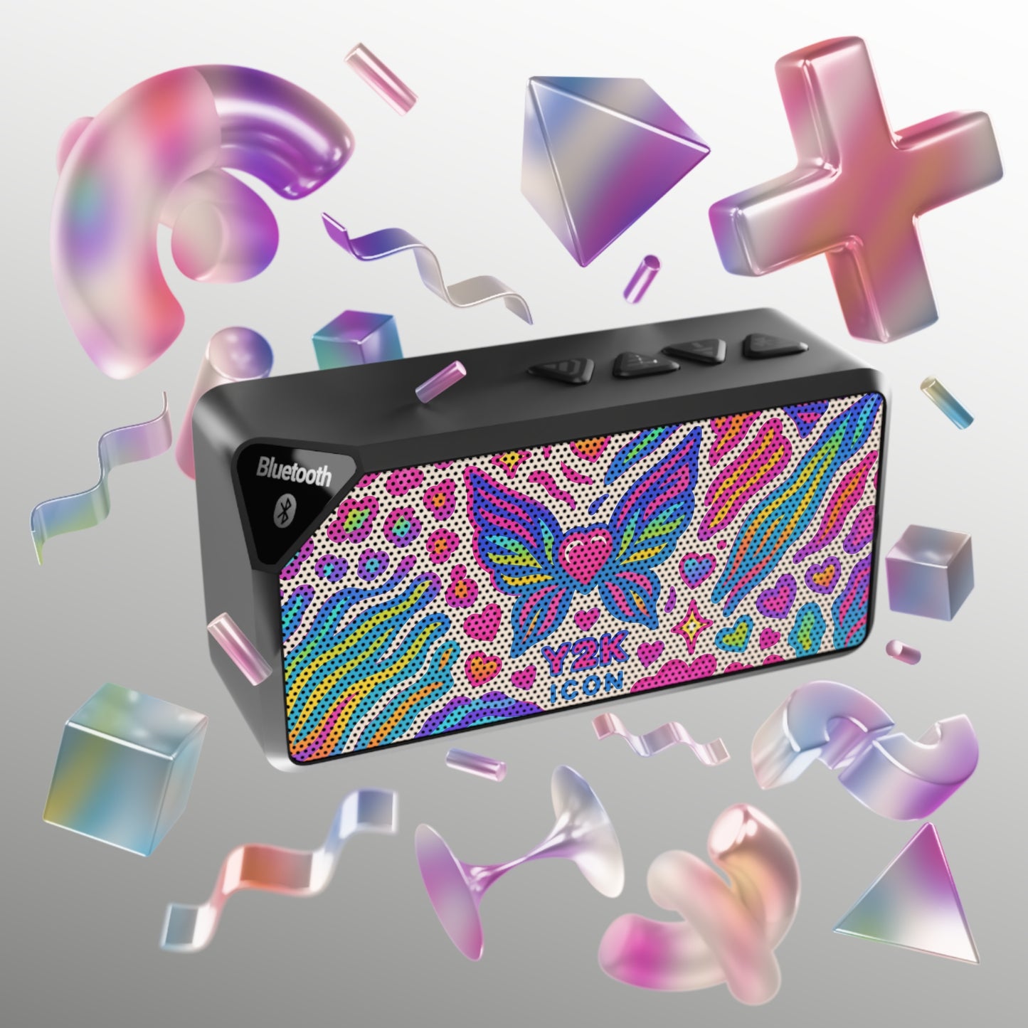 90s Rainbow sticker animal-print pattern (leopard + zebra + tiger), neon colors - Butterfly Heart Bluetooth Speaker — Colorful Rainbow Portable Speaker