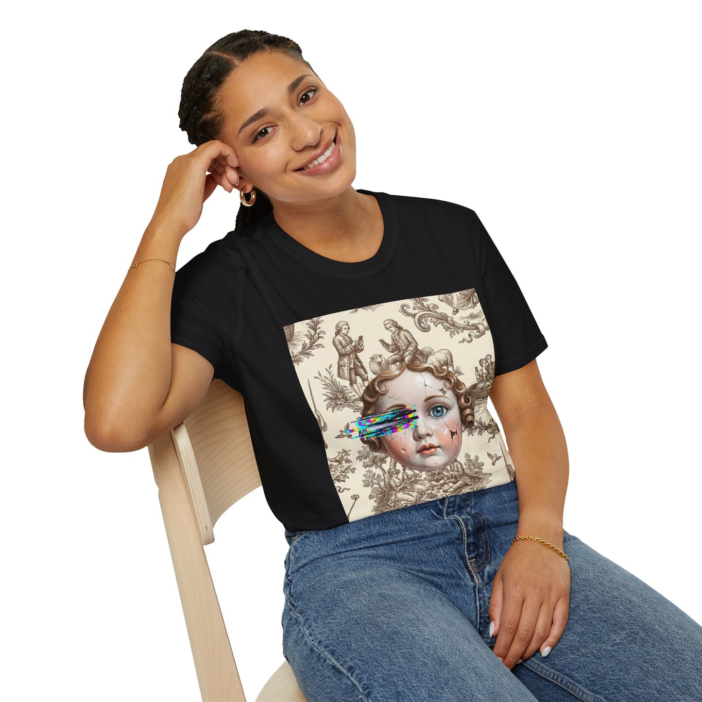 Vintage Doll Face Tee with Glitch Paint Splash