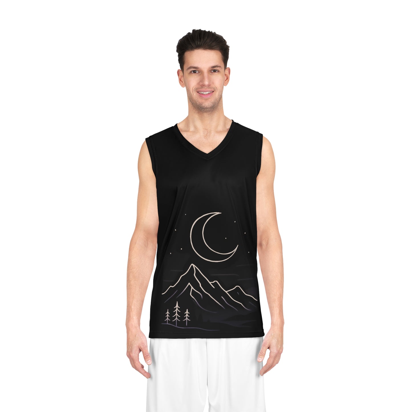 Moonlit Mountain Basketball Jersey — Crescent Moon & Pines AOP