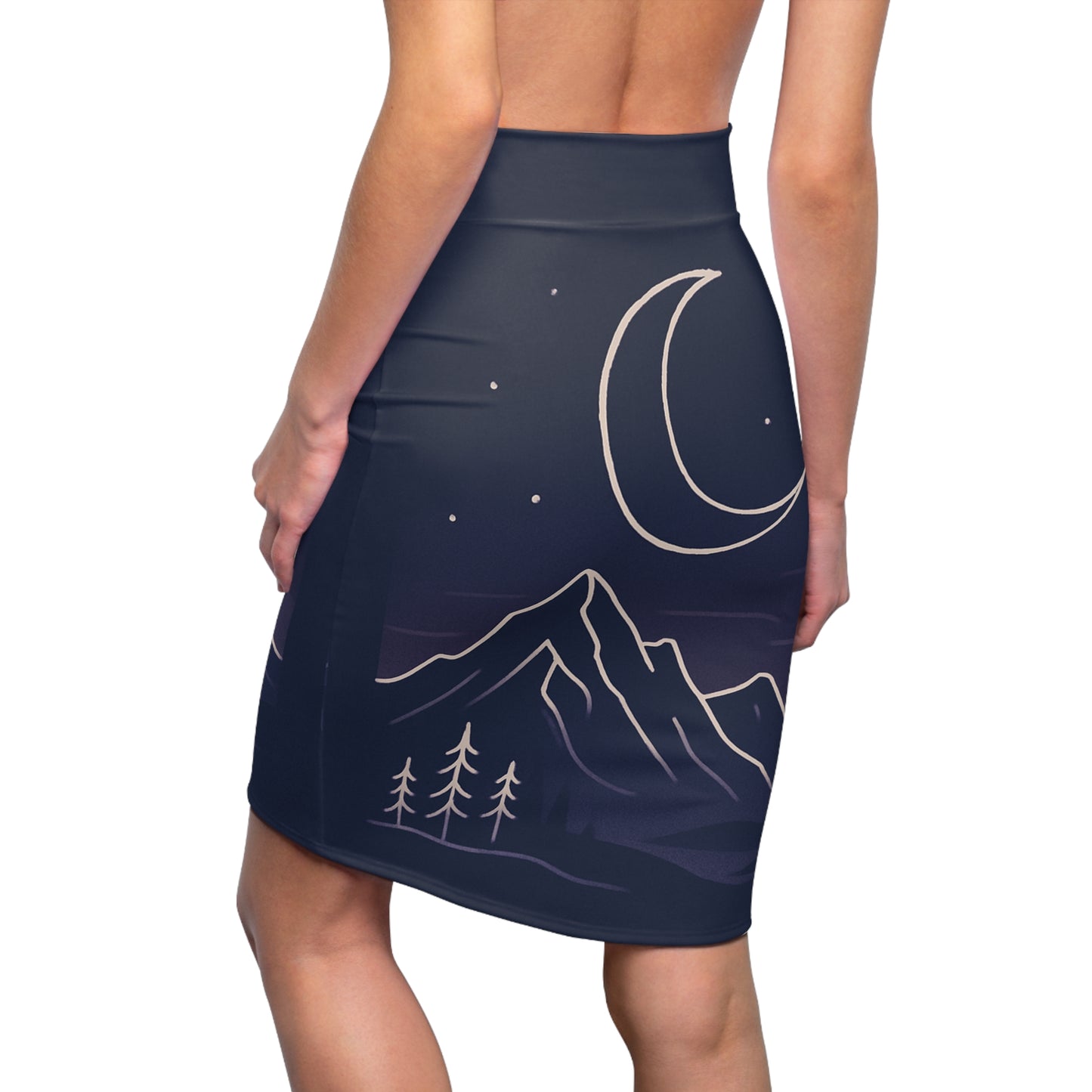 Moonlit Mountain Pencil Skirt — Night Sky Scenic AOP