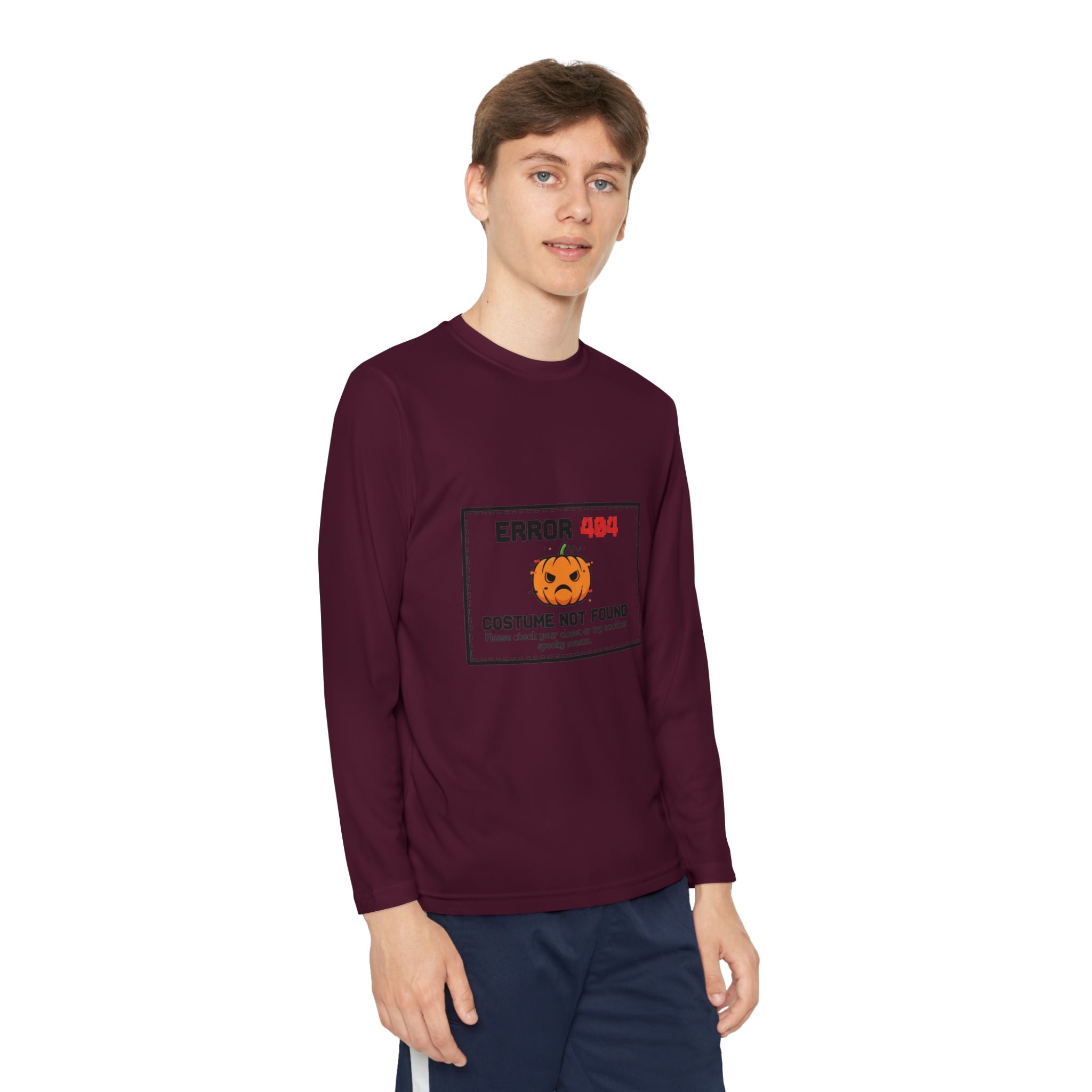 Youth Long Sleeve Halloween Tee, Kids Costume Shirt, Spooky Error 404 Top, Funny Trick-or-Treat Apparel, Halloween Party Outfit
