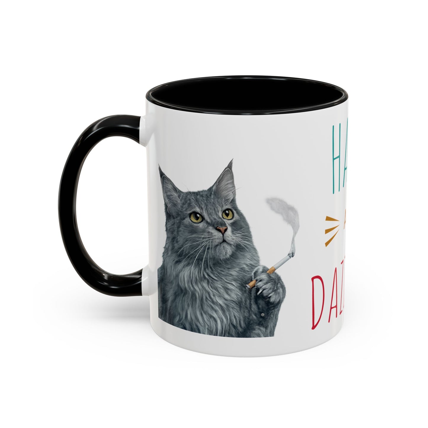 Happy and Dazzling smoking Cat Coffee Mug — Cute Cat smoking a cigarette Illustration Accent Mug (11/15 oz) (free shipping)