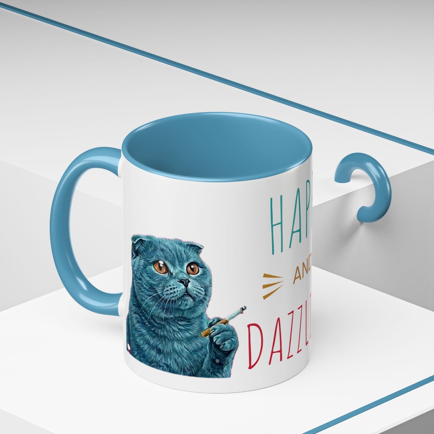 Happy and Dazzling Accent Coffee Mug — Cute Cat Art, Motivational Tea & Coffee Cup (free shipping)