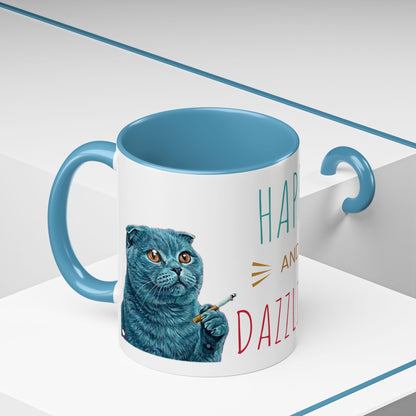 Happy and Dazzling Accent Coffee Mug — Cute Cat Art, Motivational Tea & Coffee Cup (free shipping)