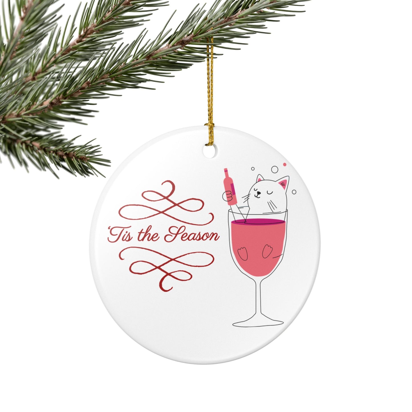 Ceramic Ornament — 'Tis the Season Wine Cat Holiday Decoration