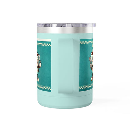 Perky’s Cafe KS Retro Teal 15oz Stainless Tumbler w/ Handle-  Mug Tumbler — Cute Smiling Coffee Cup Character, 15oz Travel Mug (free shipping)