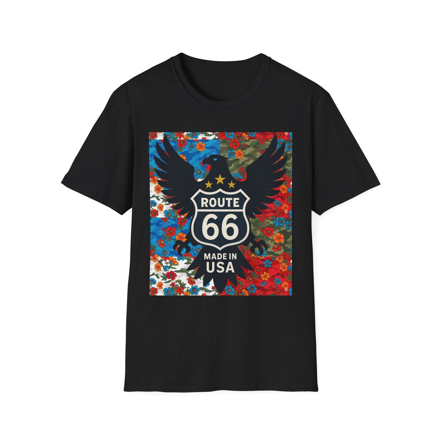 Route 66 Made in USA T-Shirt — Vintage Eagle Floral Roadtrip Tee- camo flower combo T-shirt