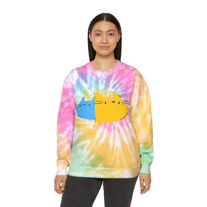 Cute Split Cat Tie-Dye Sweatshirt — Blue & Yellow Cat Graphic Crewneck