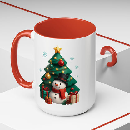 Christmas Tree & Snowman Accent Coffee Mug — Festive Holiday 11/15oz Ceramic