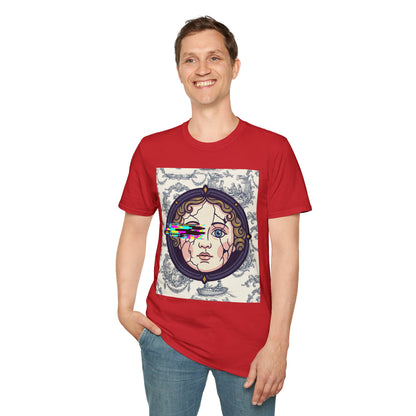 Glitch retro cracked porcelain doll face- Rococo Smartphone Toile - T-Shirt — Retro Mythology Art Tee