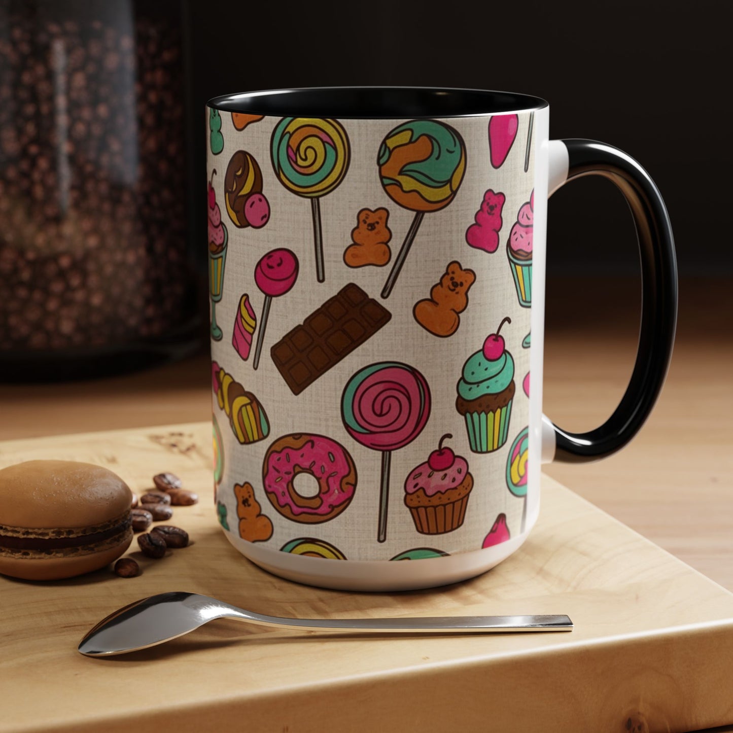 Sweet Treats Coffee Mug — Colorful Candy & Dessert Pattern Accent Mug (11/15oz)