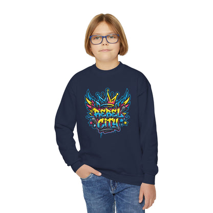 Youth Crewneck spray paint style- Sweatshirt - Colorful Rebel City Graffiti Crown Design