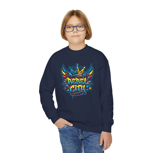 Youth Crewneck spray paint style- Sweatshirt - Colorful Rebel City Graffiti Crown Design