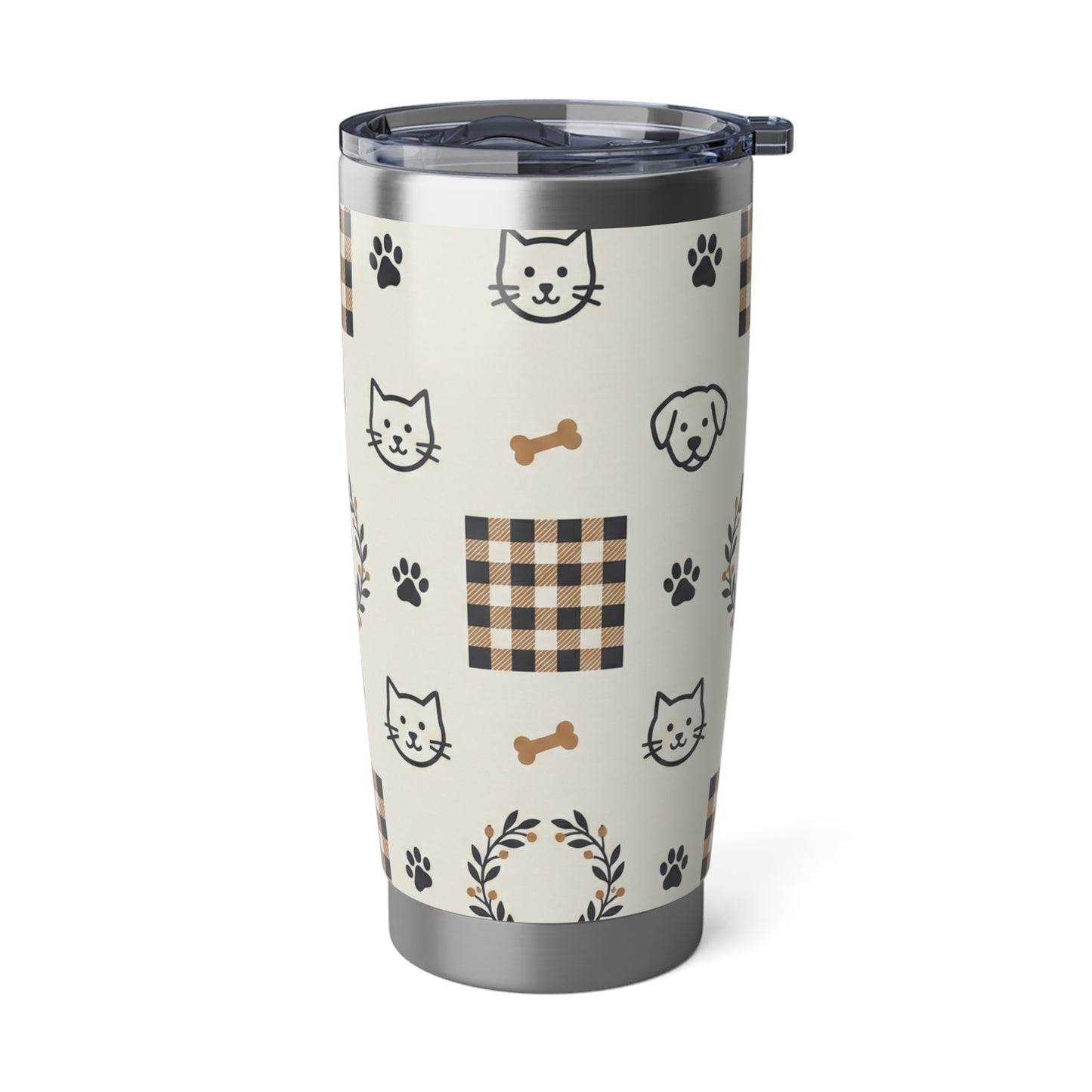 20oz Tumbler - Cozy Plaid Pets Travel Cup (Dog & Cat Paw, Bone & Wreath Design)
